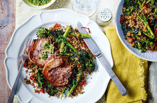 Grilled Lamb Chops with Roasted Broccolini, Quinoa and Salsa Verde